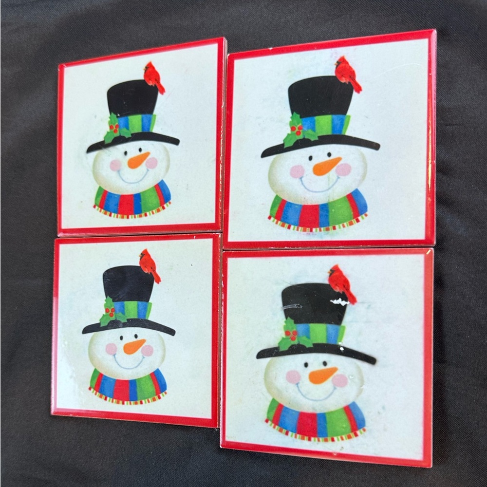 (Set of 4) Holiday Snowman Coasters – Christmas Ceramic Tile Drink Coaster Set